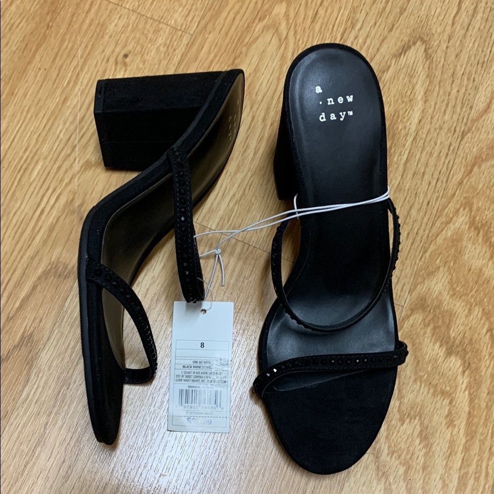 NWT A New Day 
Black Strappy Rhinestone Sandals
Comfortable Block Heel
Size 8
